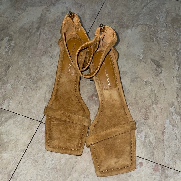 Good American Shoes - Good American Square Toe Suede Ankle Strap Block Heels Sandal Amber